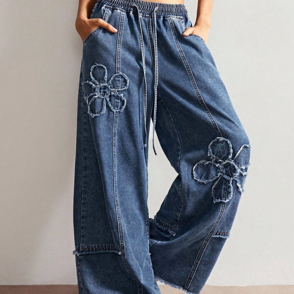 Dark Wash Women's Plus Size Casual Floral Print Drawstring Waist Wide Leg Pants - Picture 5 of 8